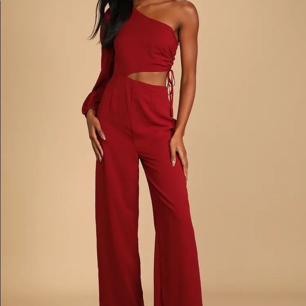 Lulu’s Dream Plans One Shoulder Cut-out Waist Romper Jumpsuit Red Wine